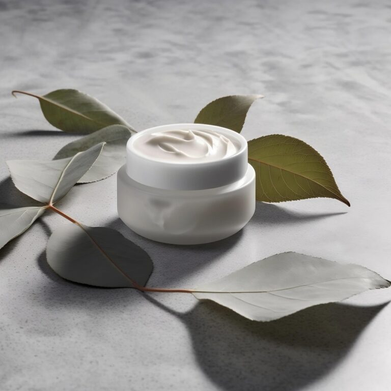 skincare product container with some leaves around