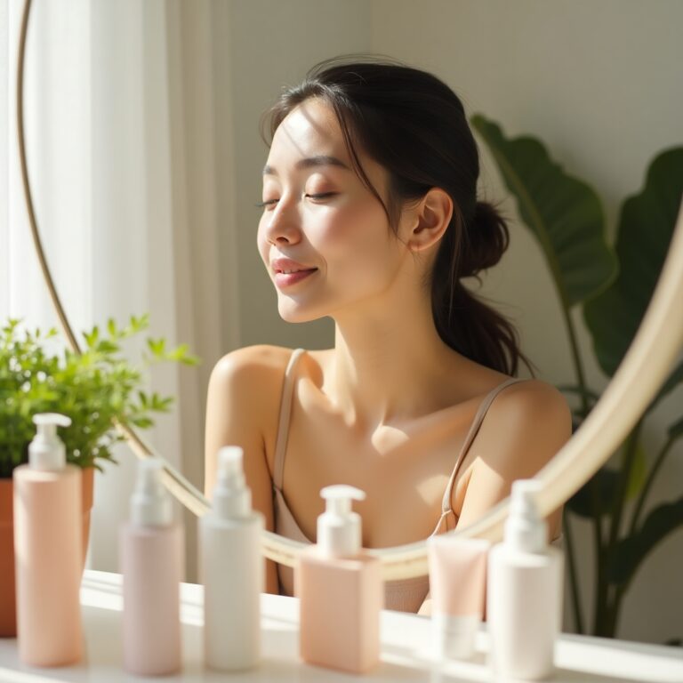 women with glowing skin looking in mirror morning