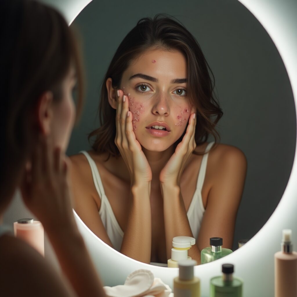 women with acne face looking in mirror