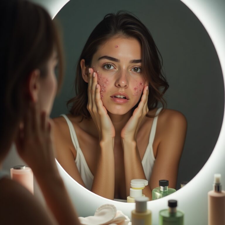women with acne face looking in mirror