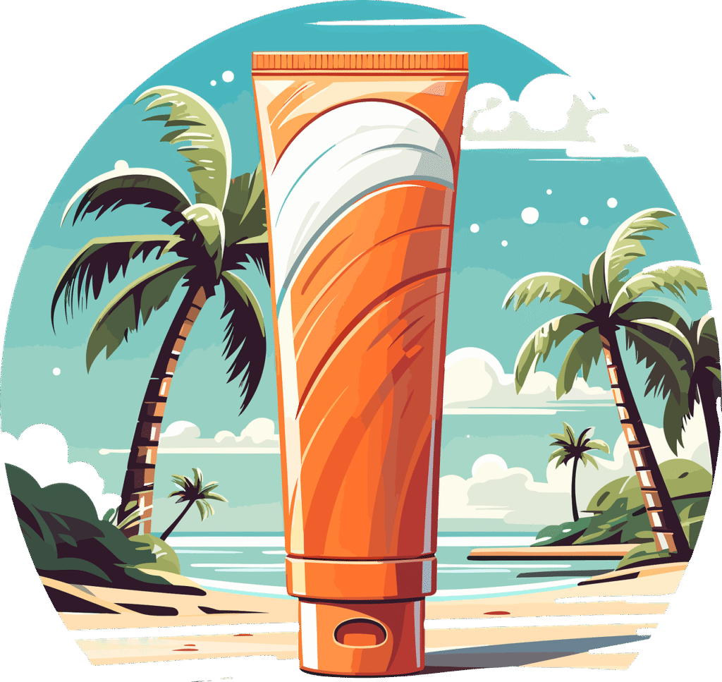 sunscreen bottle with tropical beach background