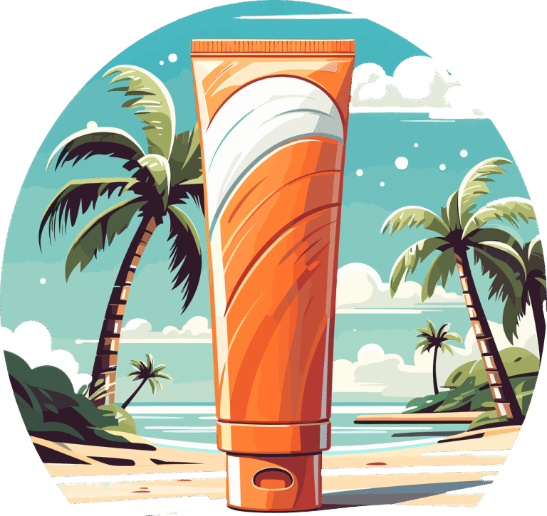 sunscreen bottle with tropical beach background