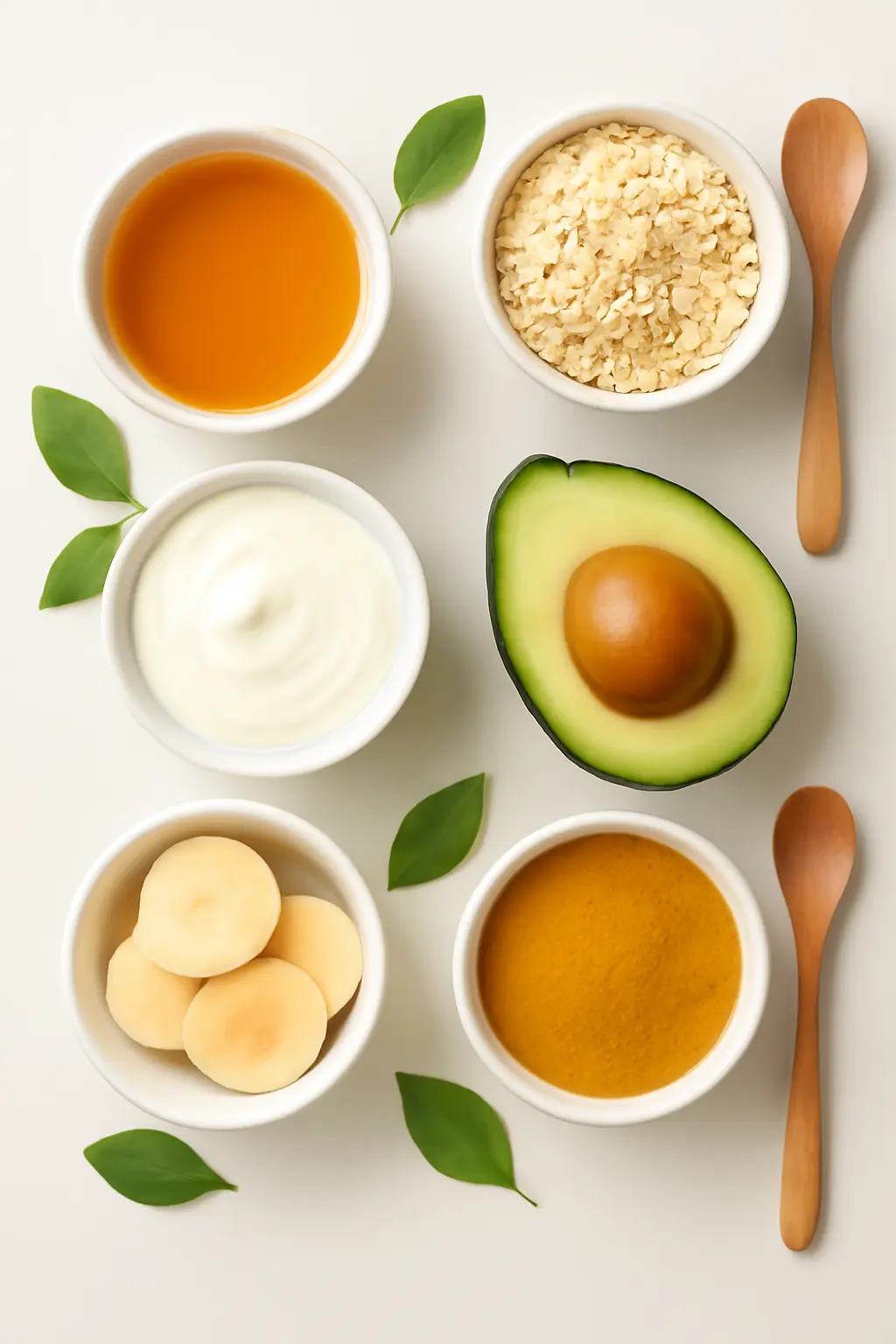 DIY organic face mask ingredients such as honey, yogurt, oats, and avocado