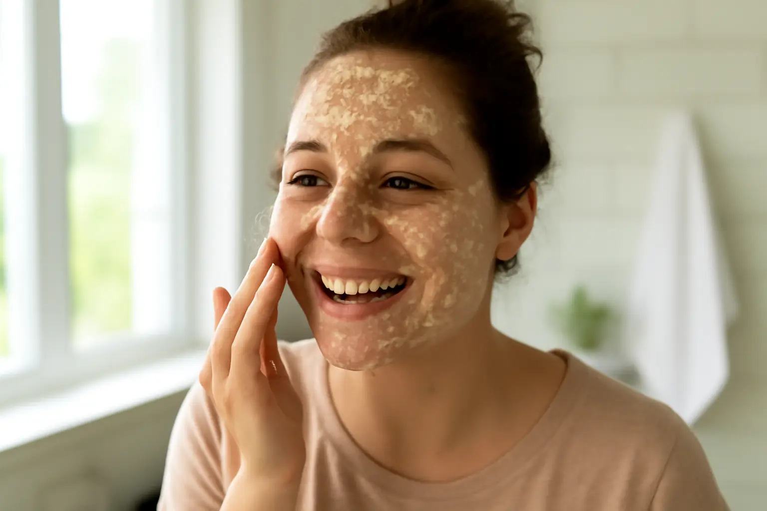 Smiling person applying diy organic face mask at home