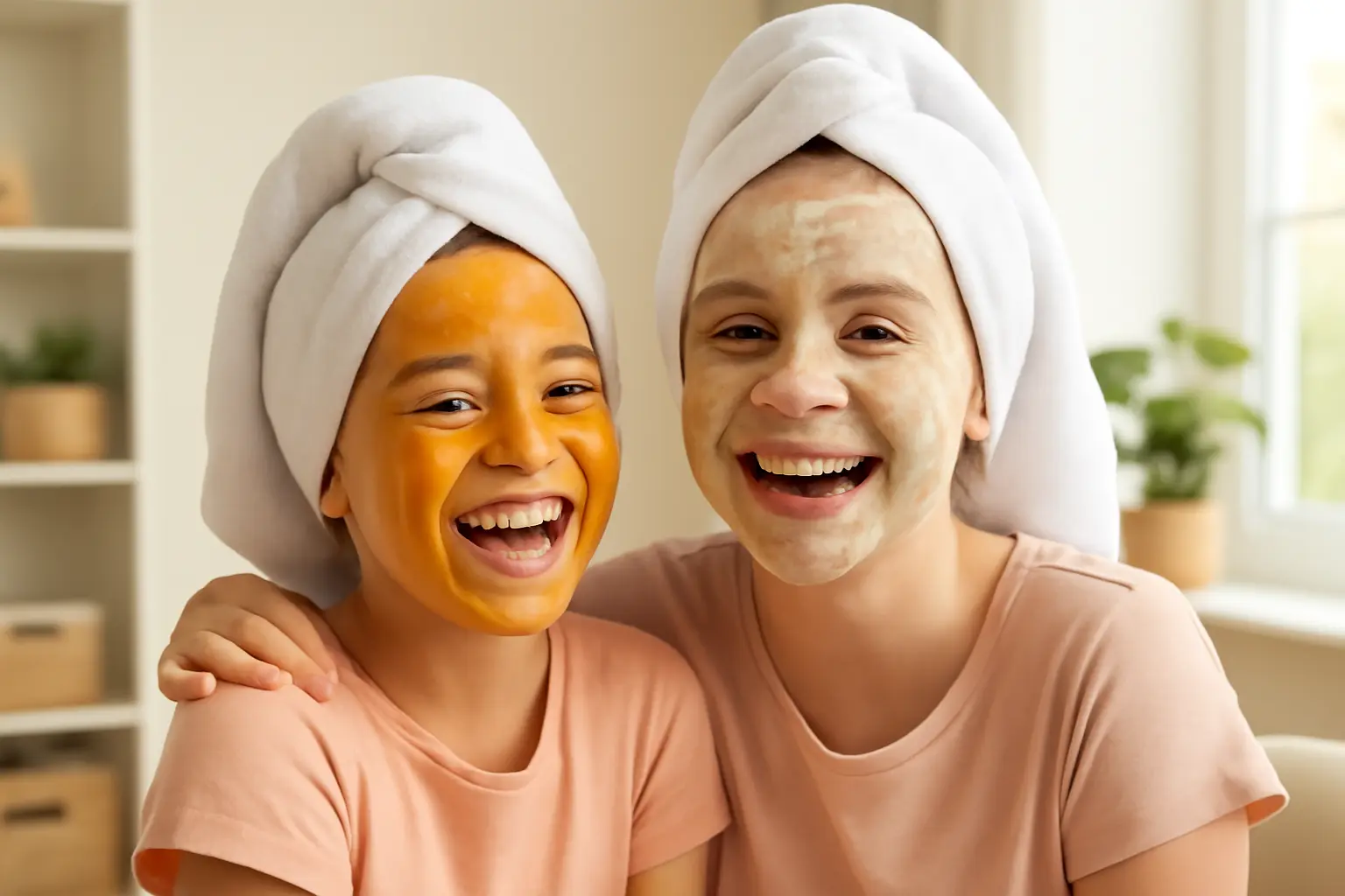 Kids and friends making diy organic face masks and enjoying spa day at home
