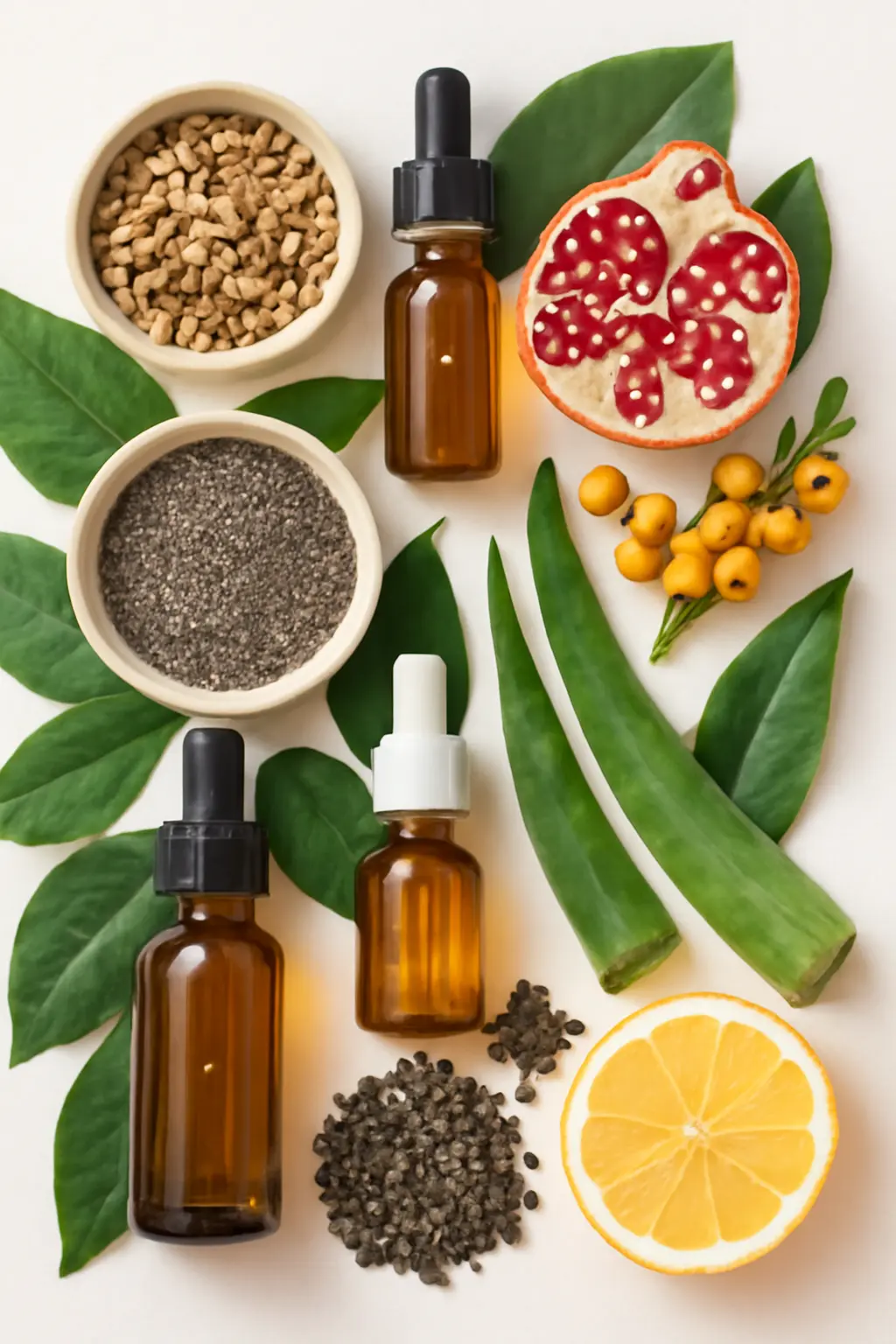plant-based anti-aging serums ingredients including rosehip, chia, pomegranate, sea buckthorn, aloe, and vitamin C fruits in a green leafy flat lay